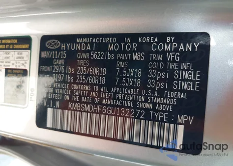 2016 Hyundai Santa Fe Se z USA, uszkodzony, nr VIN KM8SMDHF6GU132272